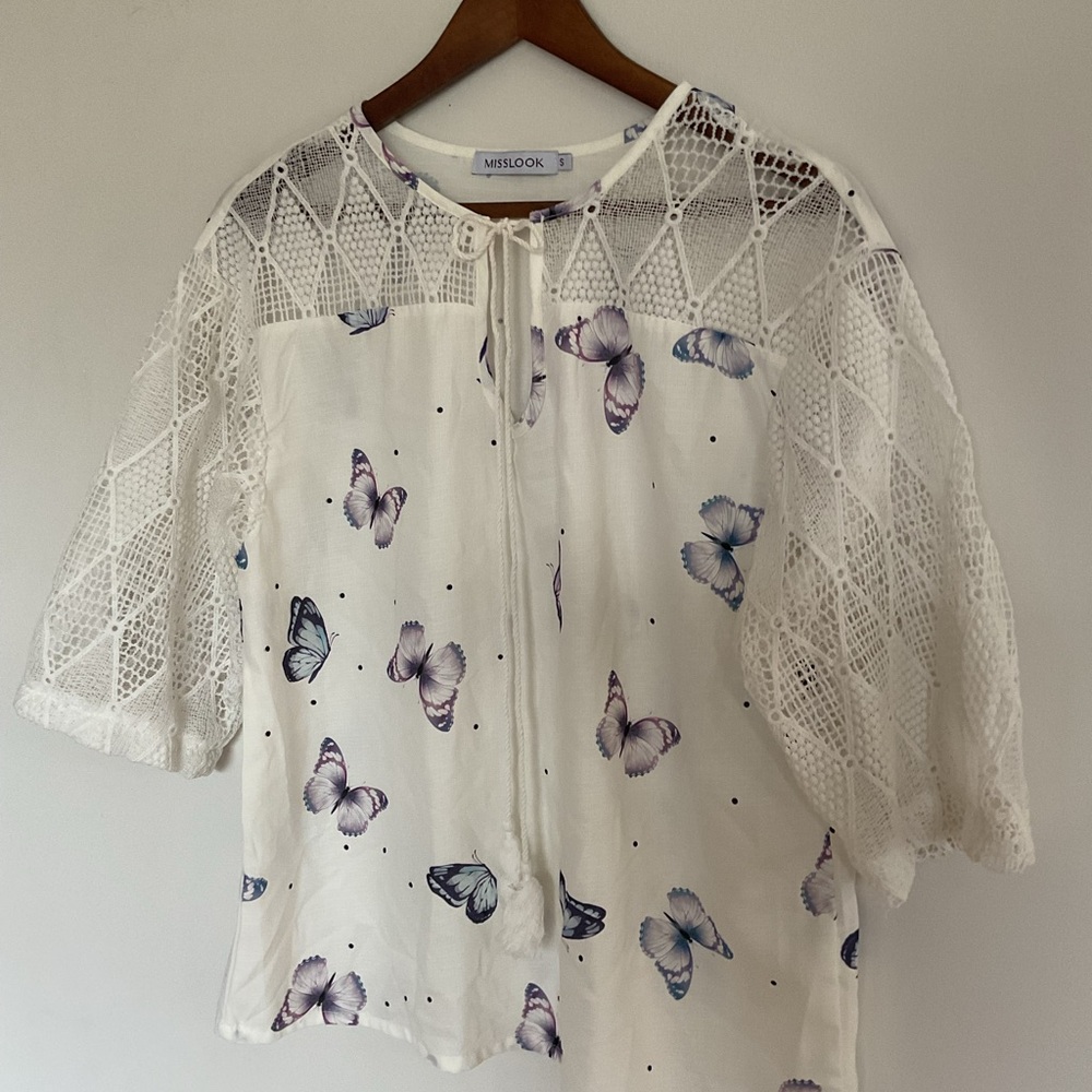 MISSLOOK White Butterfly Blouse with Tie Front